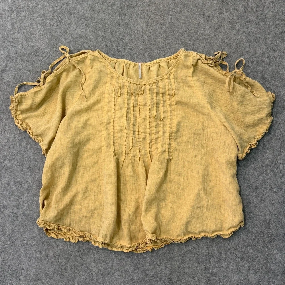 We The Free People Sunrise Yellow Linen Lilia Pintuck Top Women's Size Large